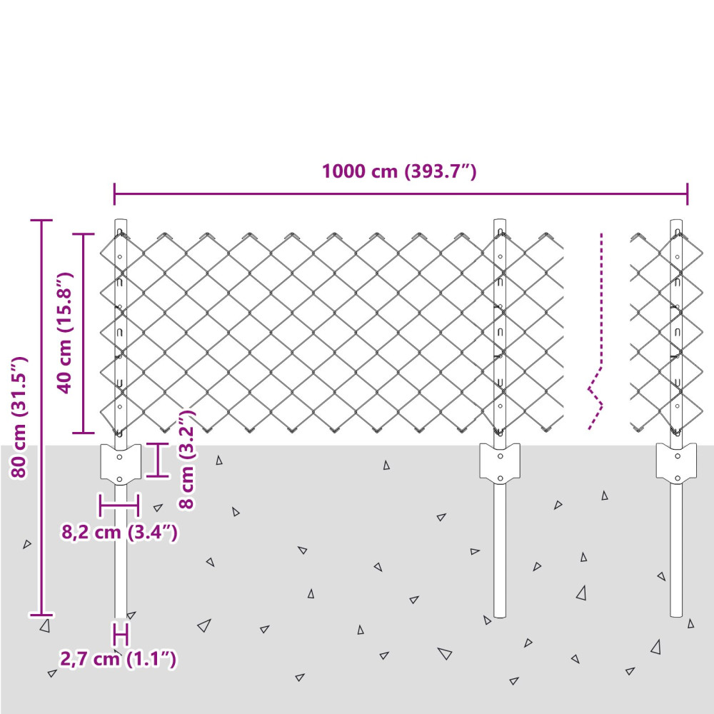 Produktbild för Kedjegaller med stolpe 10 x 0,4 m PVC-belagda stål Grå Mesh
