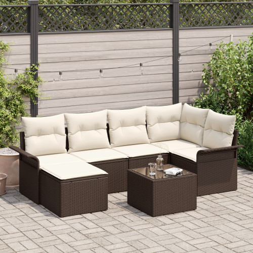 vidaXL Trädgårdsoffset med kudde 7 pcs Brun Poly rattan