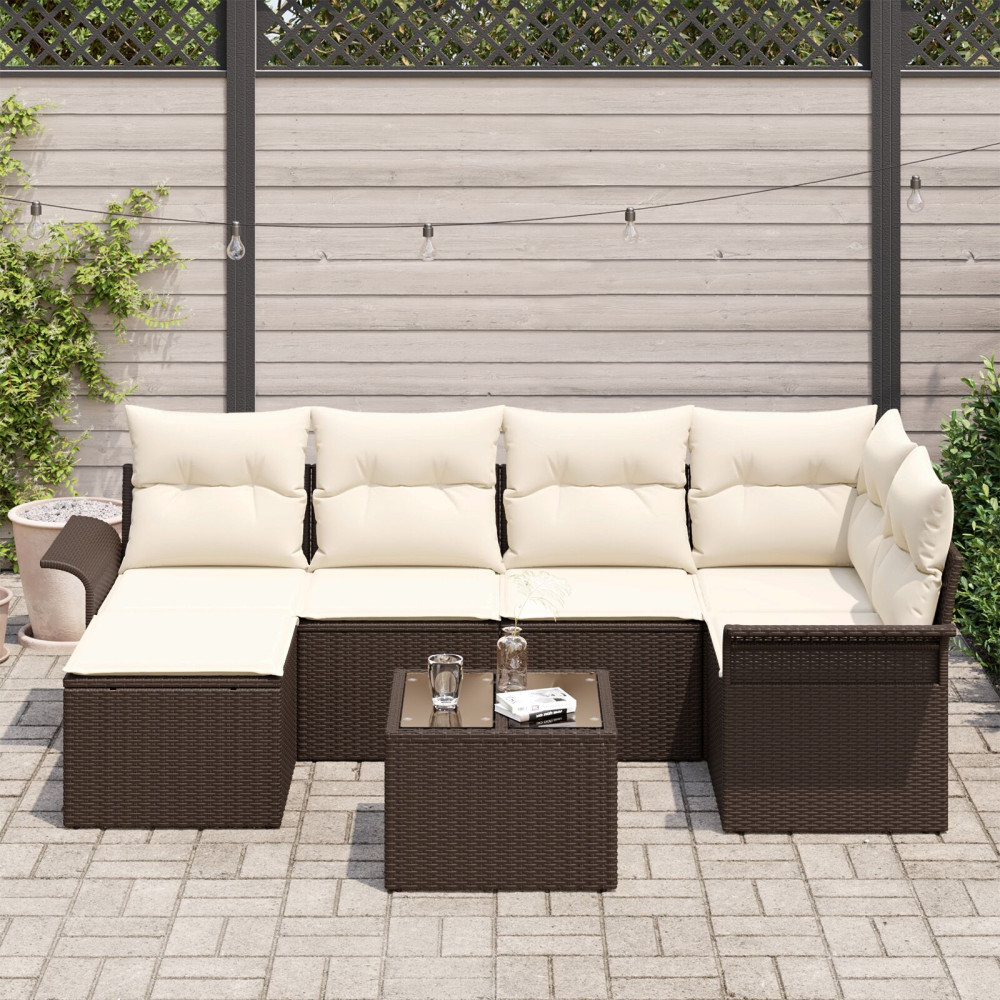Produktbild för Trädgårdsoffset med kudde 7 pcs Brun Poly rattan