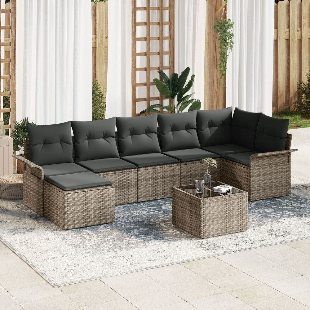 Produktbild för Trädgårdsoffset med kudde 8 pcs Grå Poly rattan