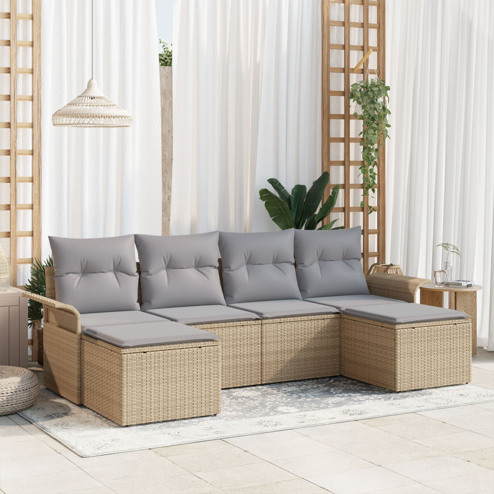 Produktbild för Trädgårdsoffset med kudde 6 pcs Beige konstrotting