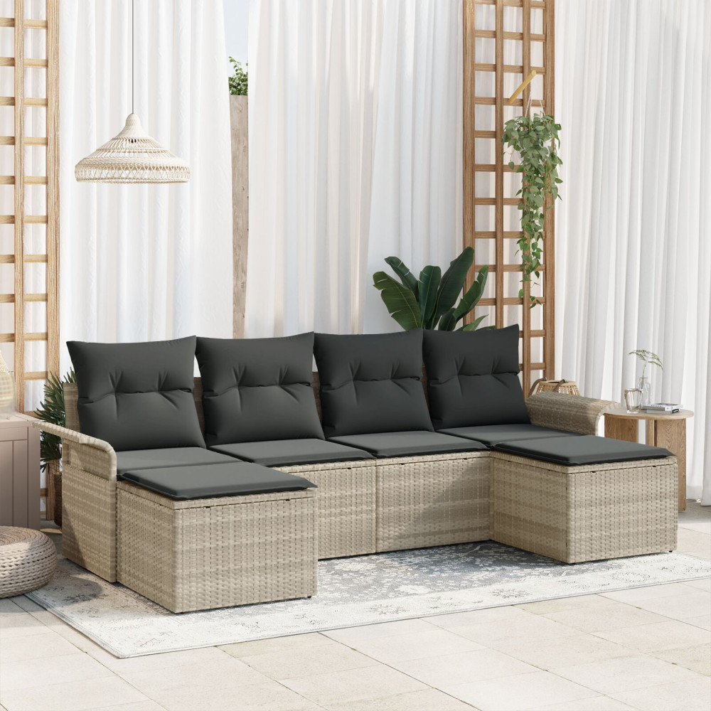 Produktbild för Trädgårdsoffset med kudde 6 pcs Ljusgrå Poly rattan