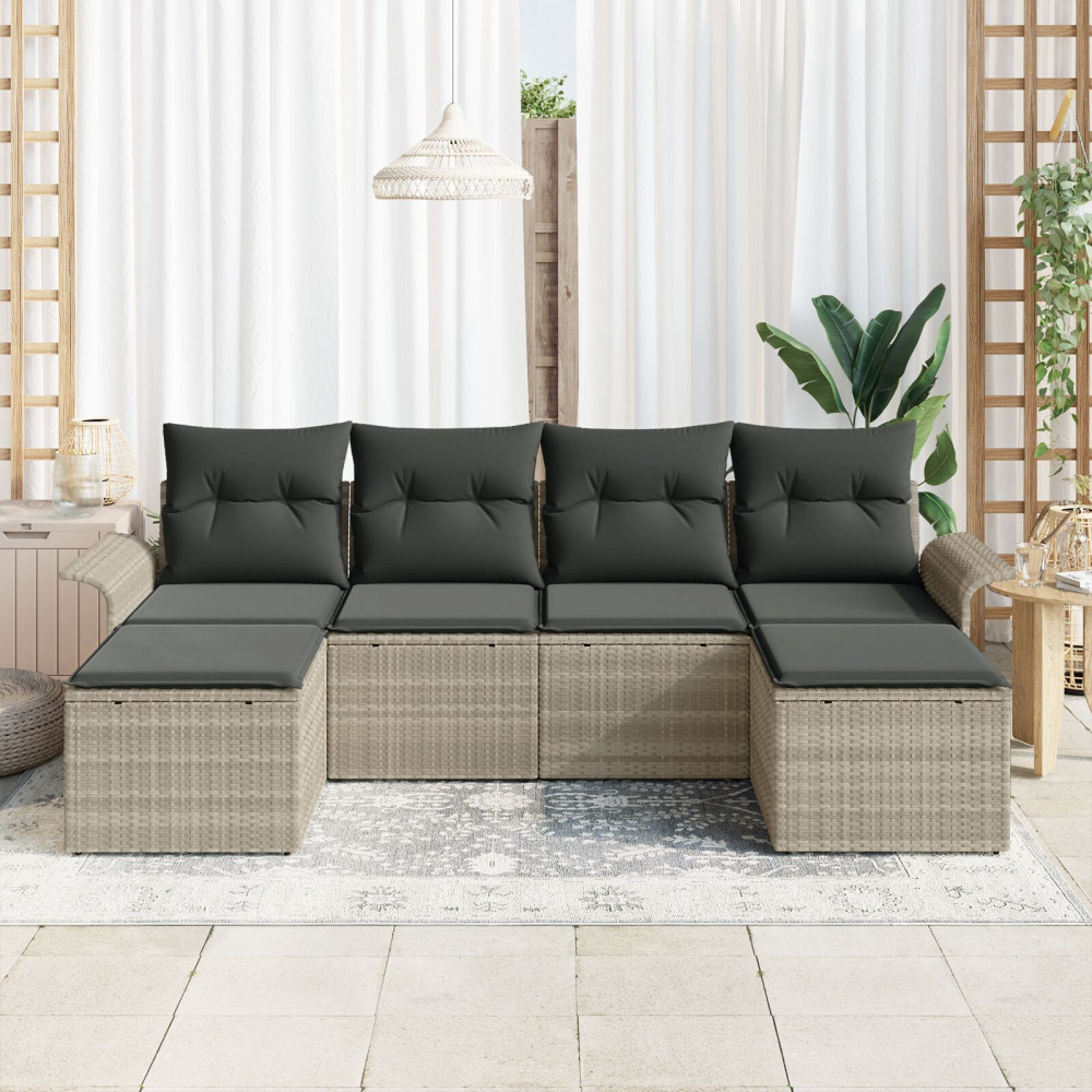 Produktbild för Trädgårdsoffset med kudde 6 pcs Ljusgrå Poly rattan