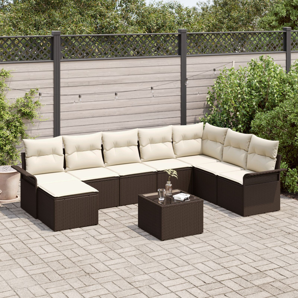 Produktbild för Trädgårdsoffset med kudde 9 pcs Brun Poly rattan