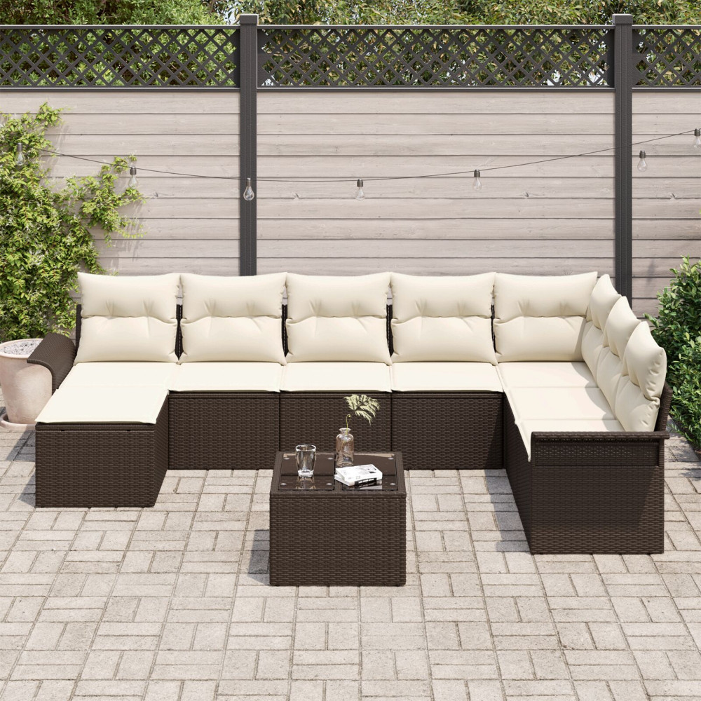 Produktbild för Trädgårdsoffset med kudde 9 pcs Brun Poly rattan