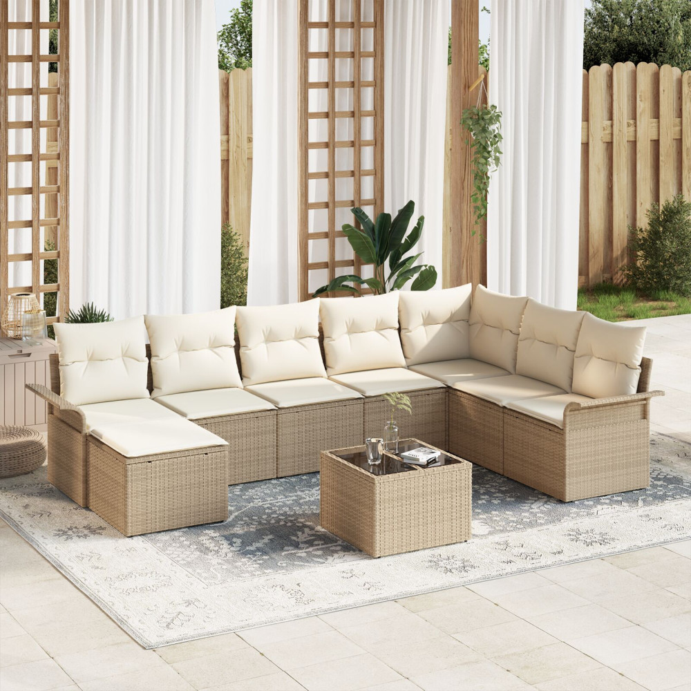 Produktbild för Trädgårdsoffset med kudde 9 pcs Beige konstrotting
