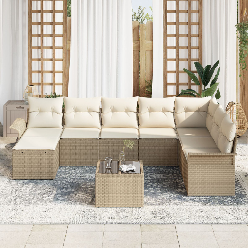 Produktbild för Trädgårdsoffset med kudde 9 pcs Beige konstrotting