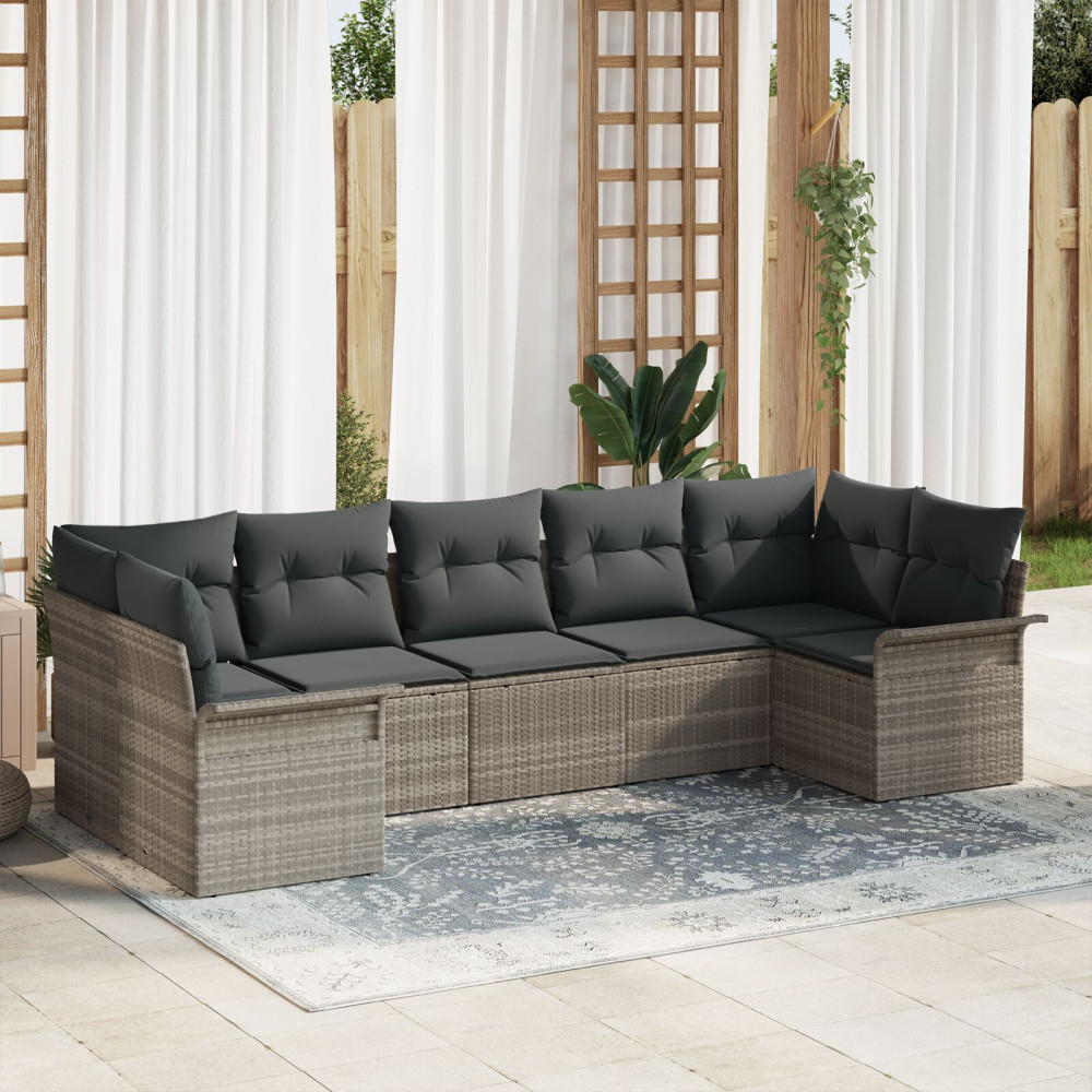 Produktbild för Trädgårdsoffset med kudde 7 pcs Ljusgrå Poly rattan