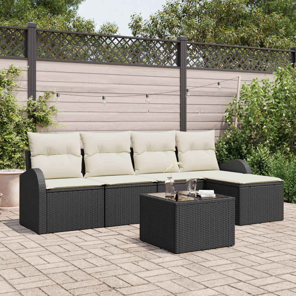 Produktbild för Trädgårdsoffset med kudde 6 pcs Svart Poly rattan