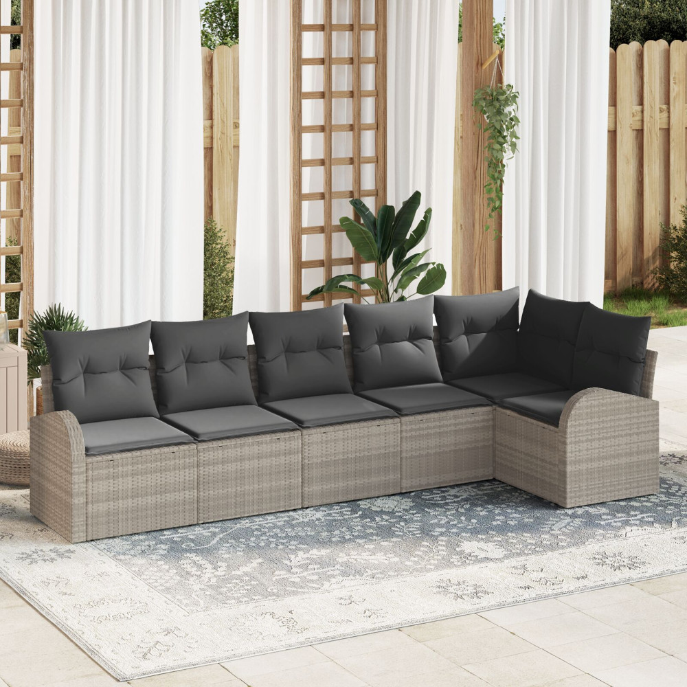 Produktbild för Trädgårdsoffset med kudde 6 pcs Ljusgrå Poly rattan