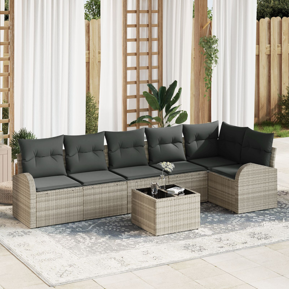 Produktbild för Trädgårdsoffset med kudde 7 pcs Ljusgrå Poly rattan