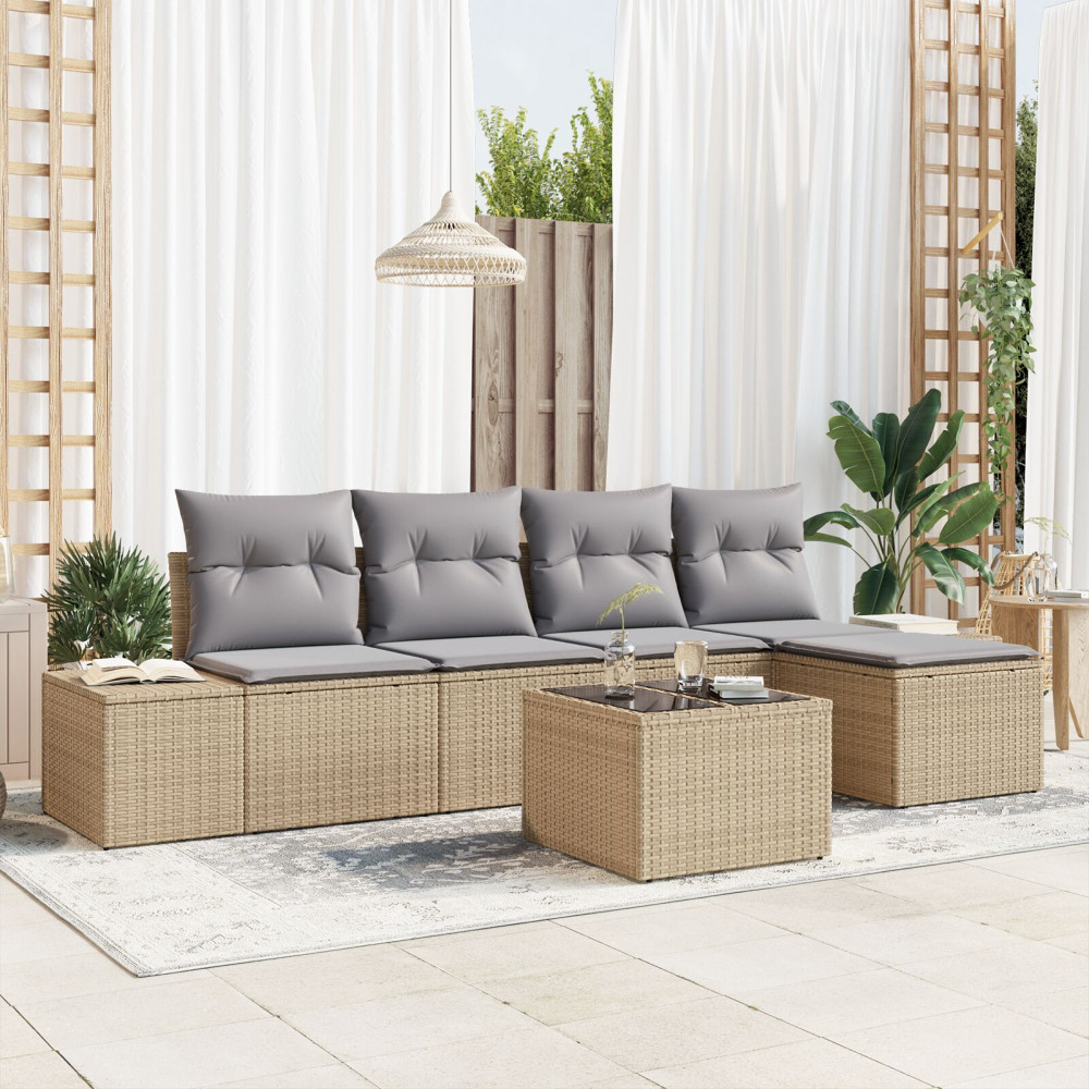 Produktbild för Trädgårdsoffset med kudde 6 pcs Beige konstrotting