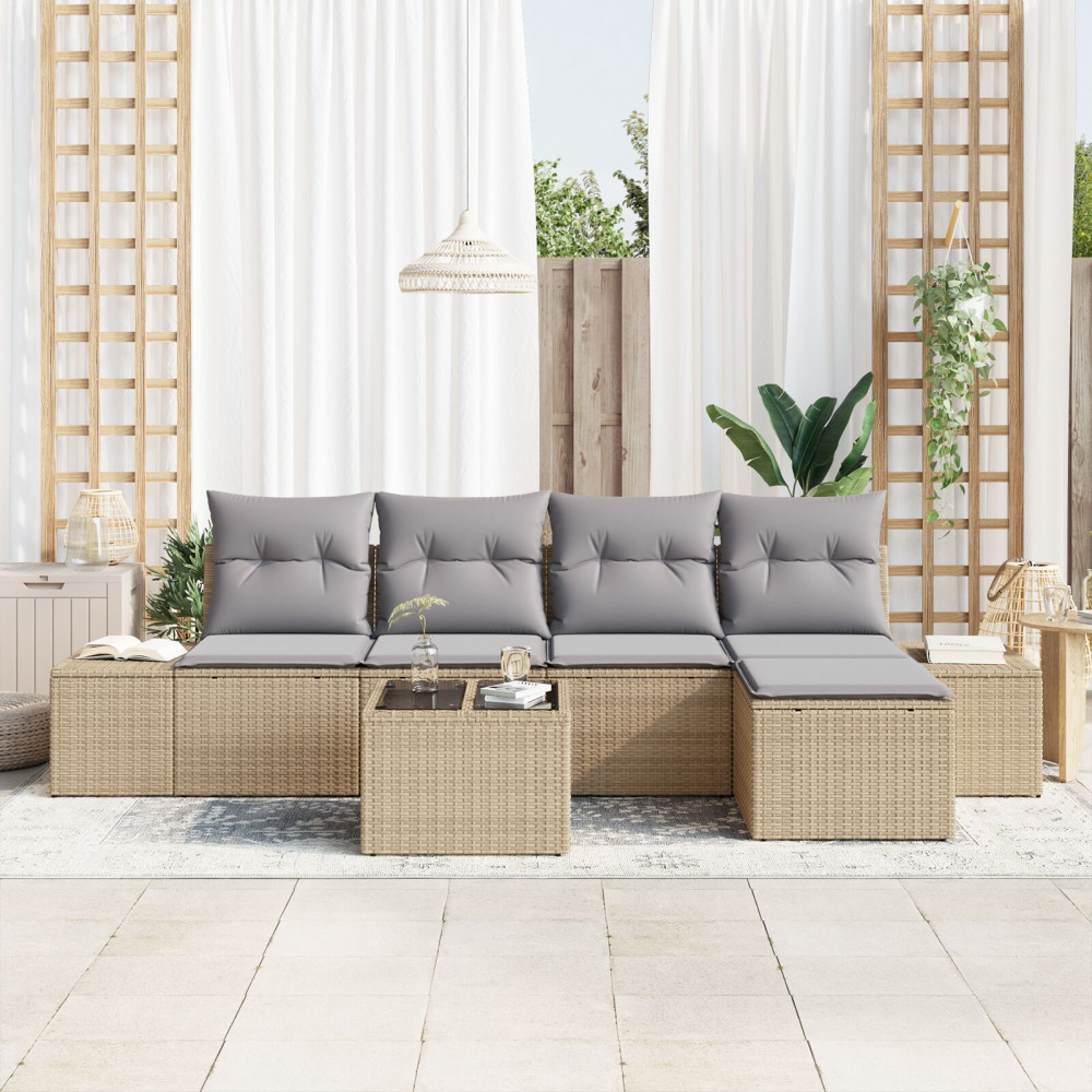Produktbild för Trädgårdsoffset med kudde 6 pcs Beige konstrotting
