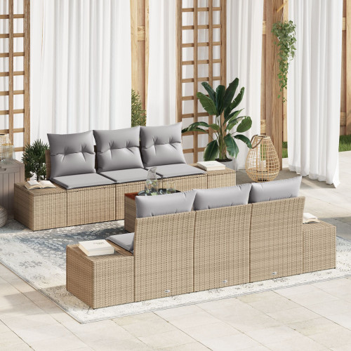 vidaXL Trädgårdsoffset med kudde 7 pcs Beige konstrotting