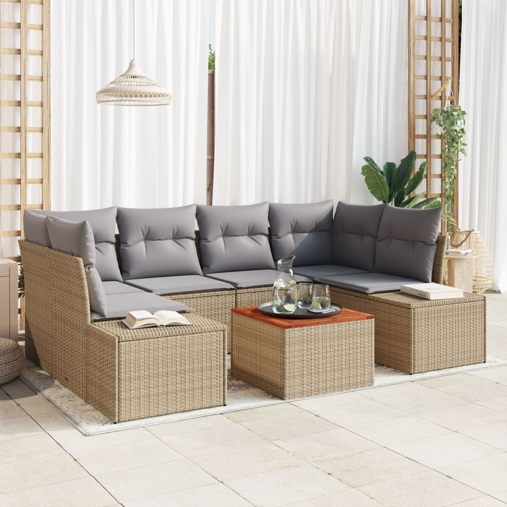 Produktbild för Trädgårdsoffset med kudde 7 pcs Beige konstrotting