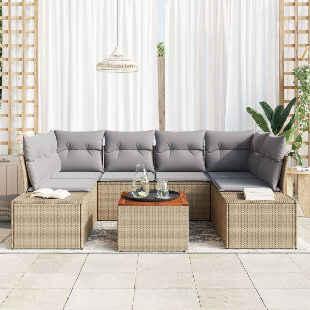 Produktbild för Trädgårdsoffset med kudde 7 pcs Beige konstrotting