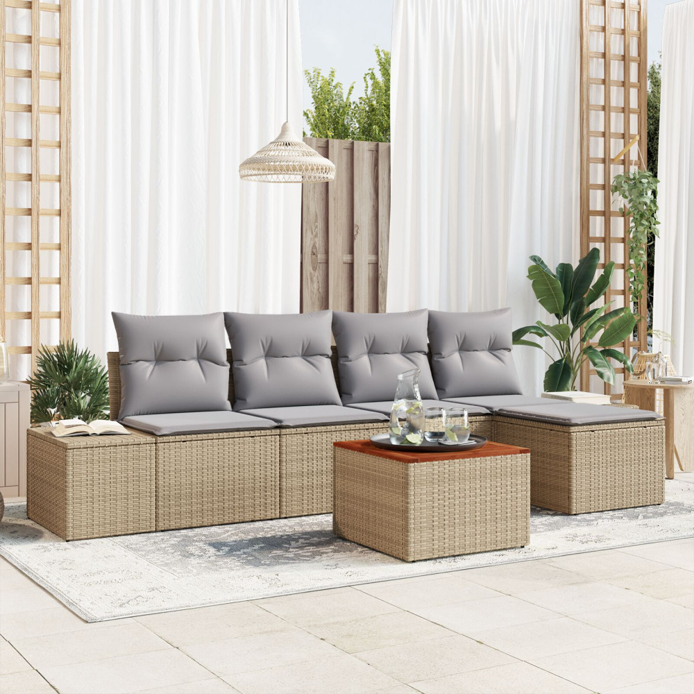 Produktbild för Trädgårdsoffset med kudde 6 pcs Beige konstrotting