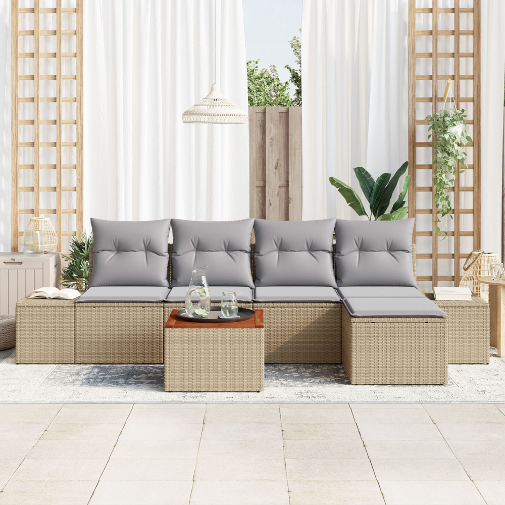 Produktbild för Trädgårdsoffset med kudde 6 pcs Beige konstrotting