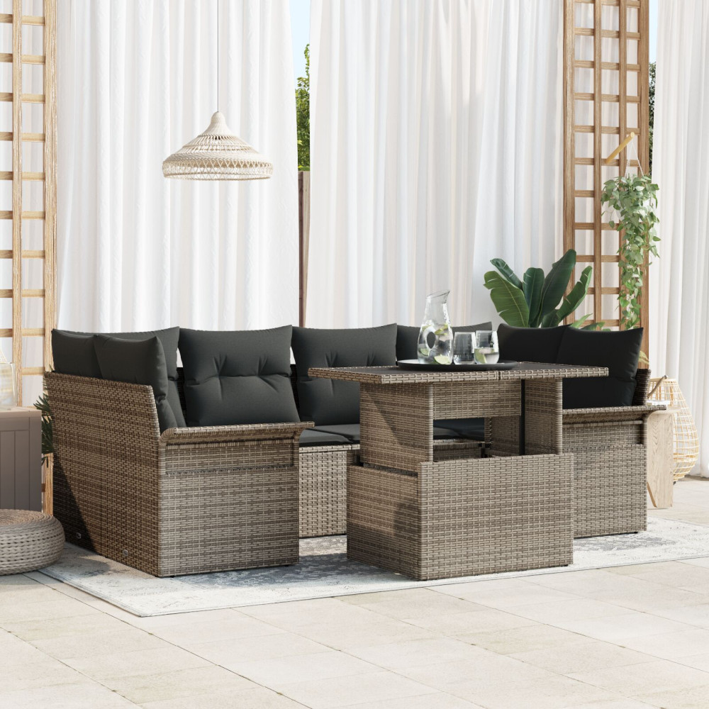 Produktbild för Trädgårdsoffset med kudde 7 pcs Grå Poly rattan