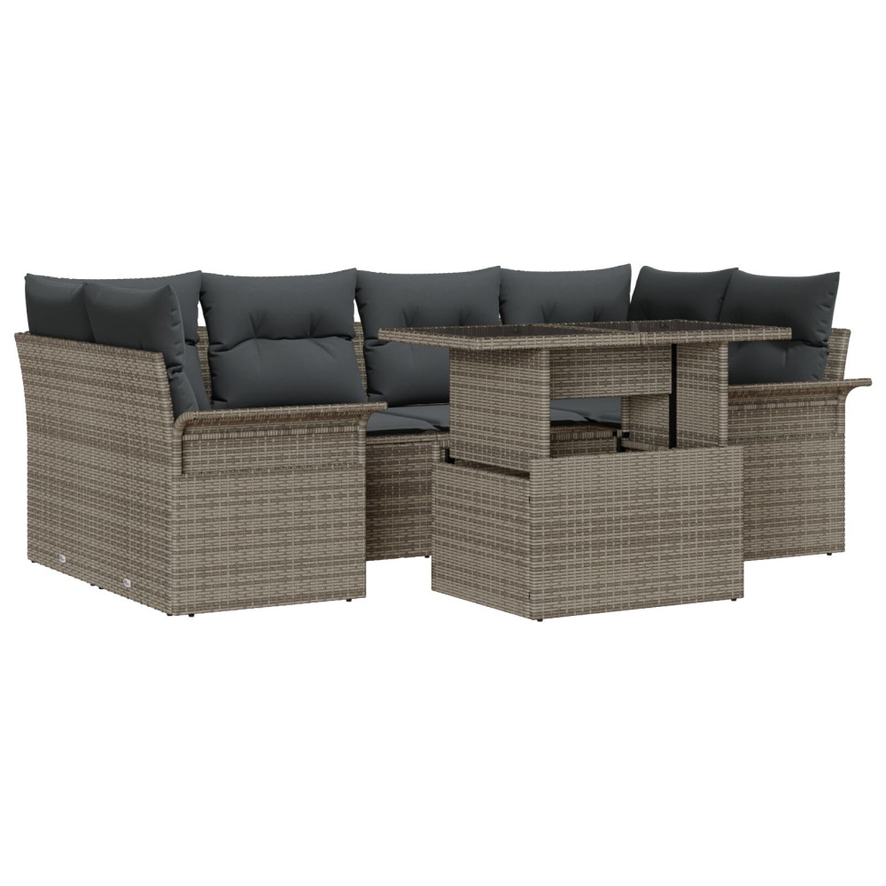 Produktbild för Trädgårdsoffset med kudde 7 pcs Grå Poly rattan