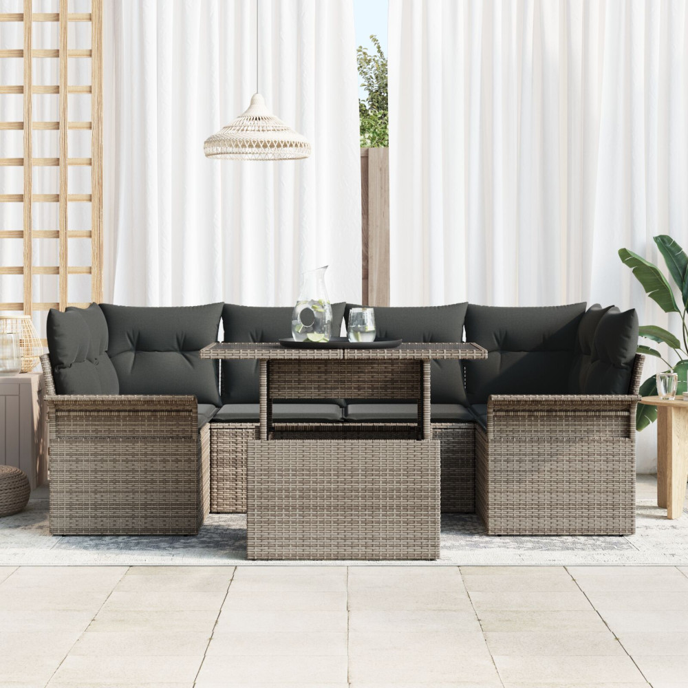 Produktbild för Trädgårdsoffset med kudde 7 pcs Grå Poly rattan