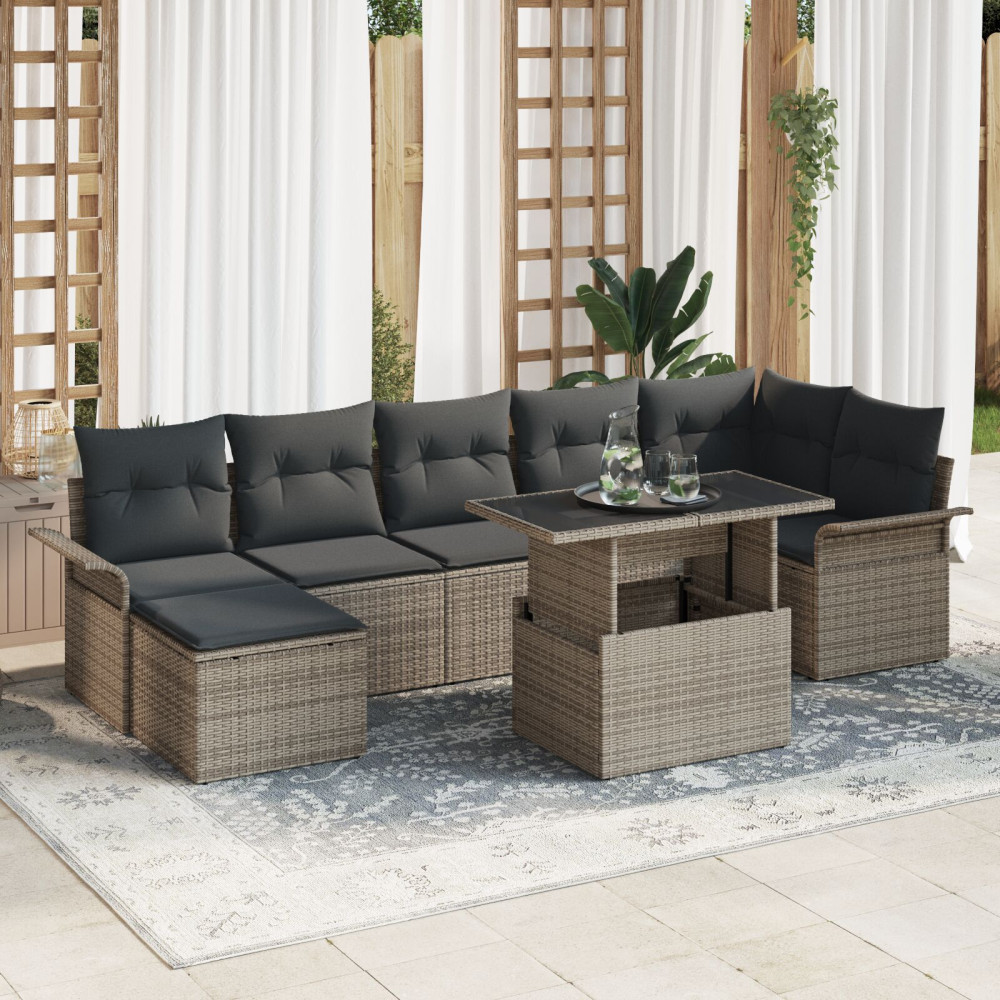 Produktbild för Trädgårdsoffset med kudde 8 pcs Grå Poly rattan