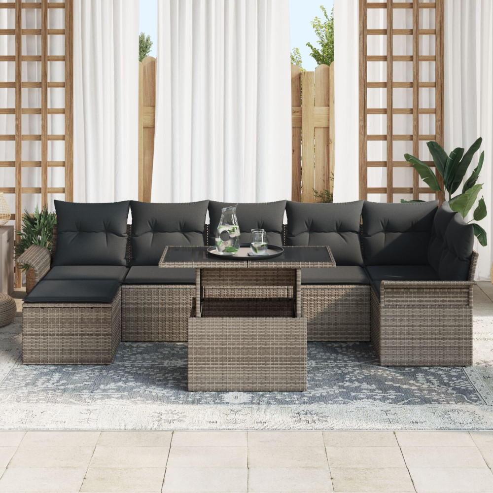 Produktbild för Trädgårdsoffset med kudde 8 pcs Grå Poly rattan