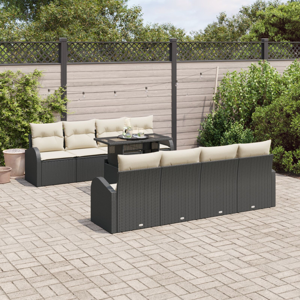Produktbild för Trädgårdsoffset med kudde 7 pcs Svart Poly rattan