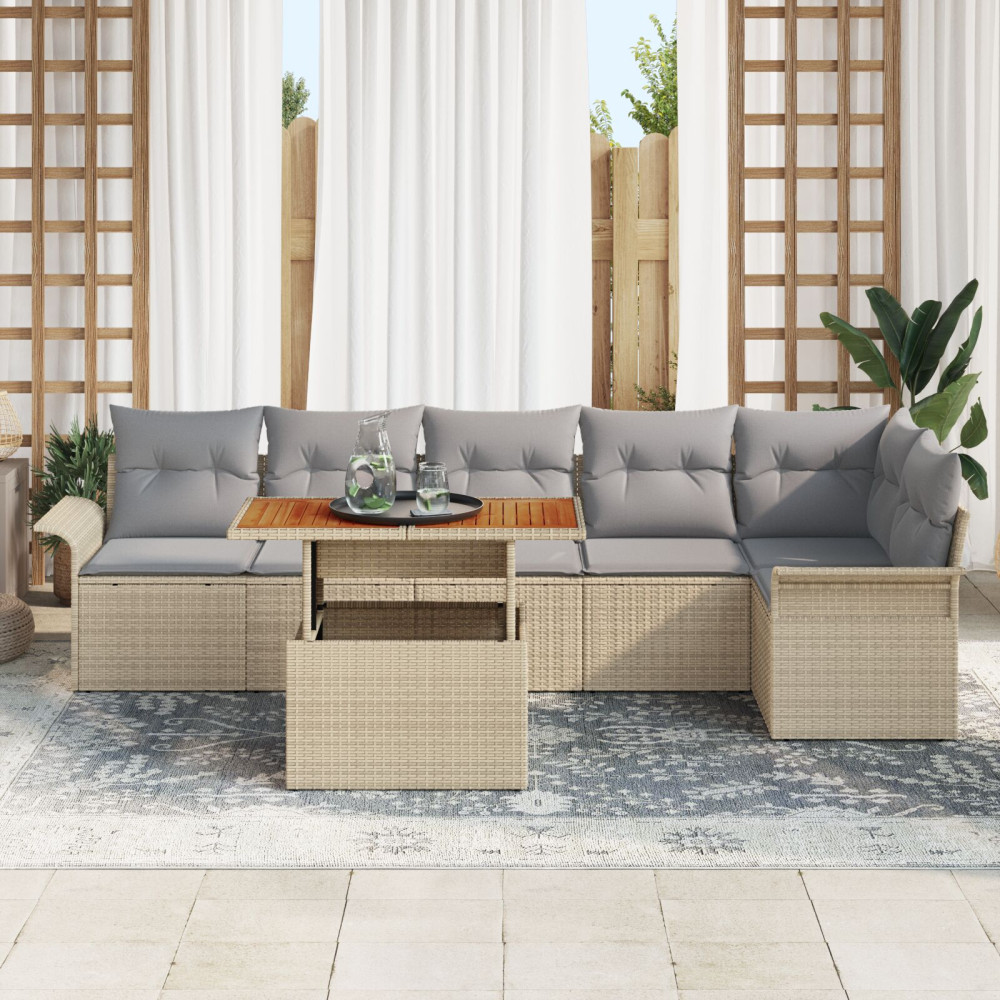 Produktbild för Trädgårdsoffset med kudde 7 pcs Beige och Ljusgrå konstrotting