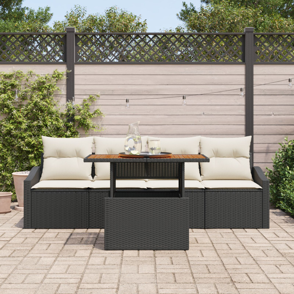 Produktbild för Trädgårdsoffset med kudde 5 pcs Svart Poly rattan
