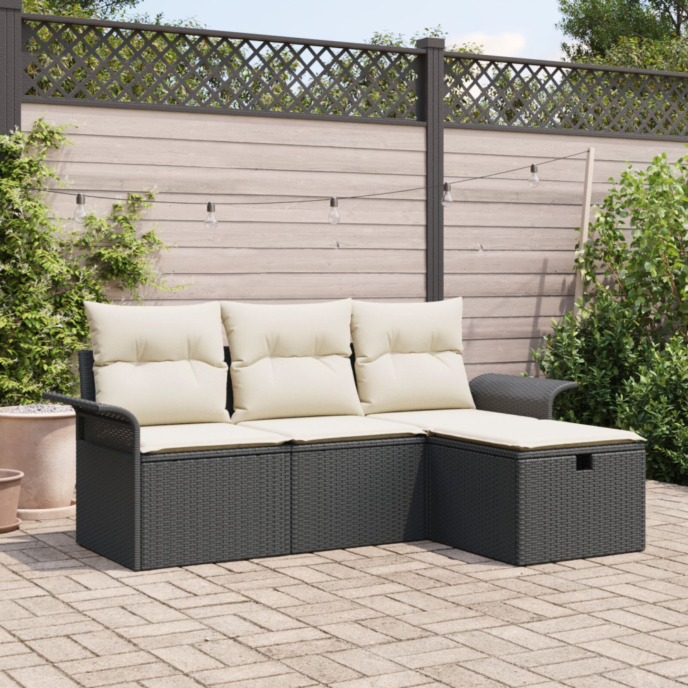 Produktbild för Trädgårdsoffset med kudde 4 pcs Svart och gräddvit Poly rattan