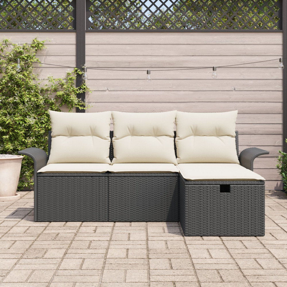 Produktbild för Trädgårdsoffset med kudde 4 pcs Svart och gräddvit Poly rattan