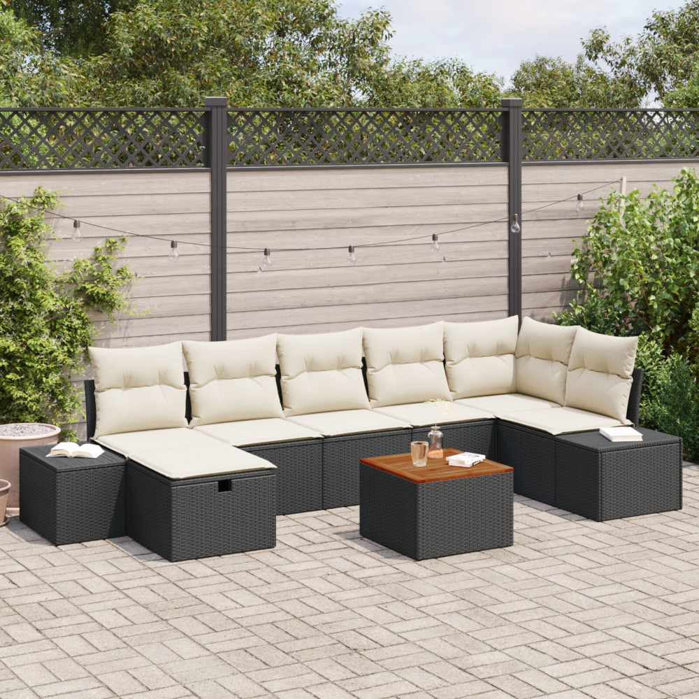 Produktbild för Trädgårdsoffset med kudde med lagring 8 pcs Svart Poly rattan
