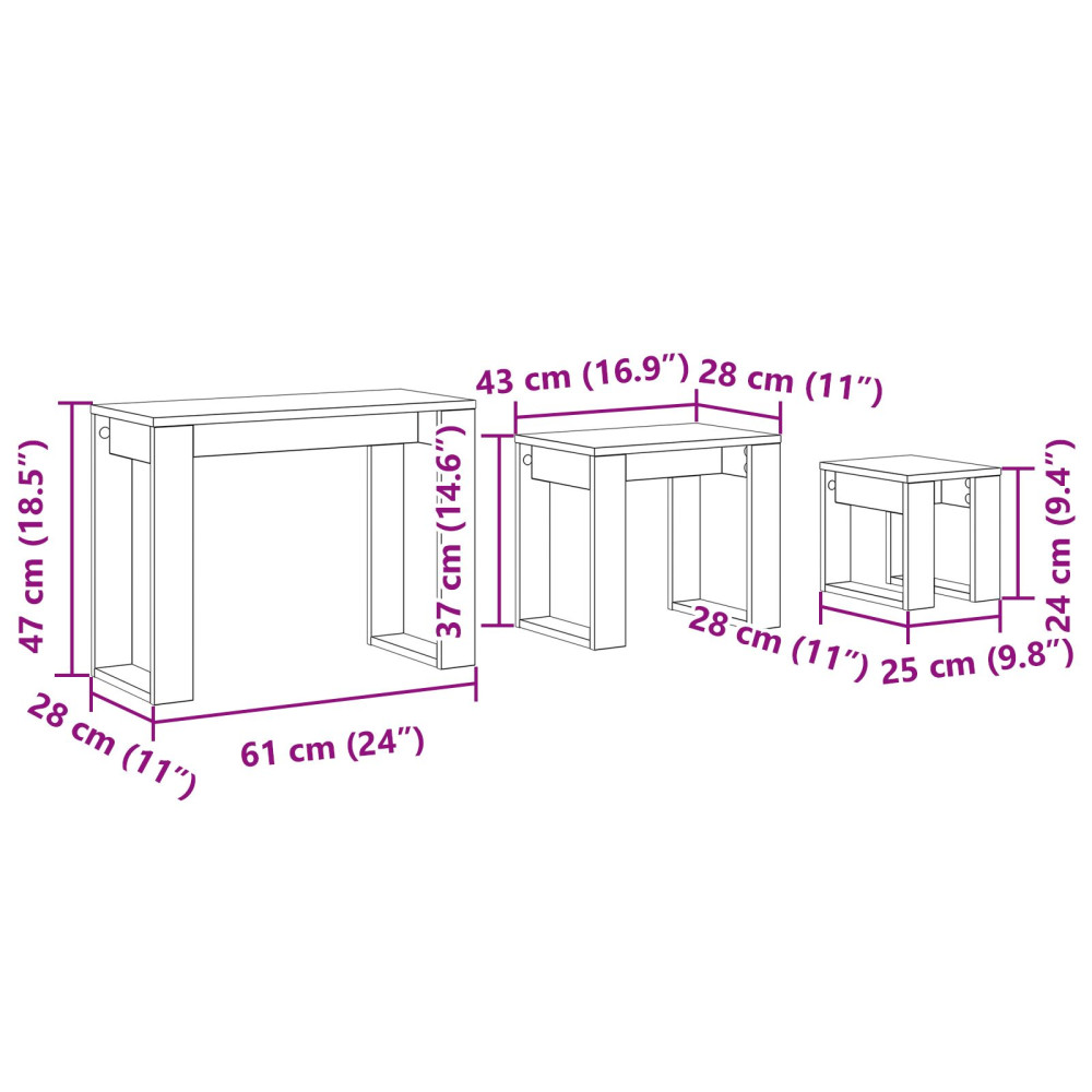 Produktbild för Satsbord 3 pcs Svart Ek Konstruerat trä