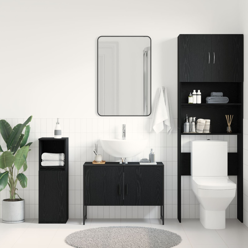 Produktbild för Badrumsskåp med handfat med lagring Svart Ek 80 x 30 x 60 cm