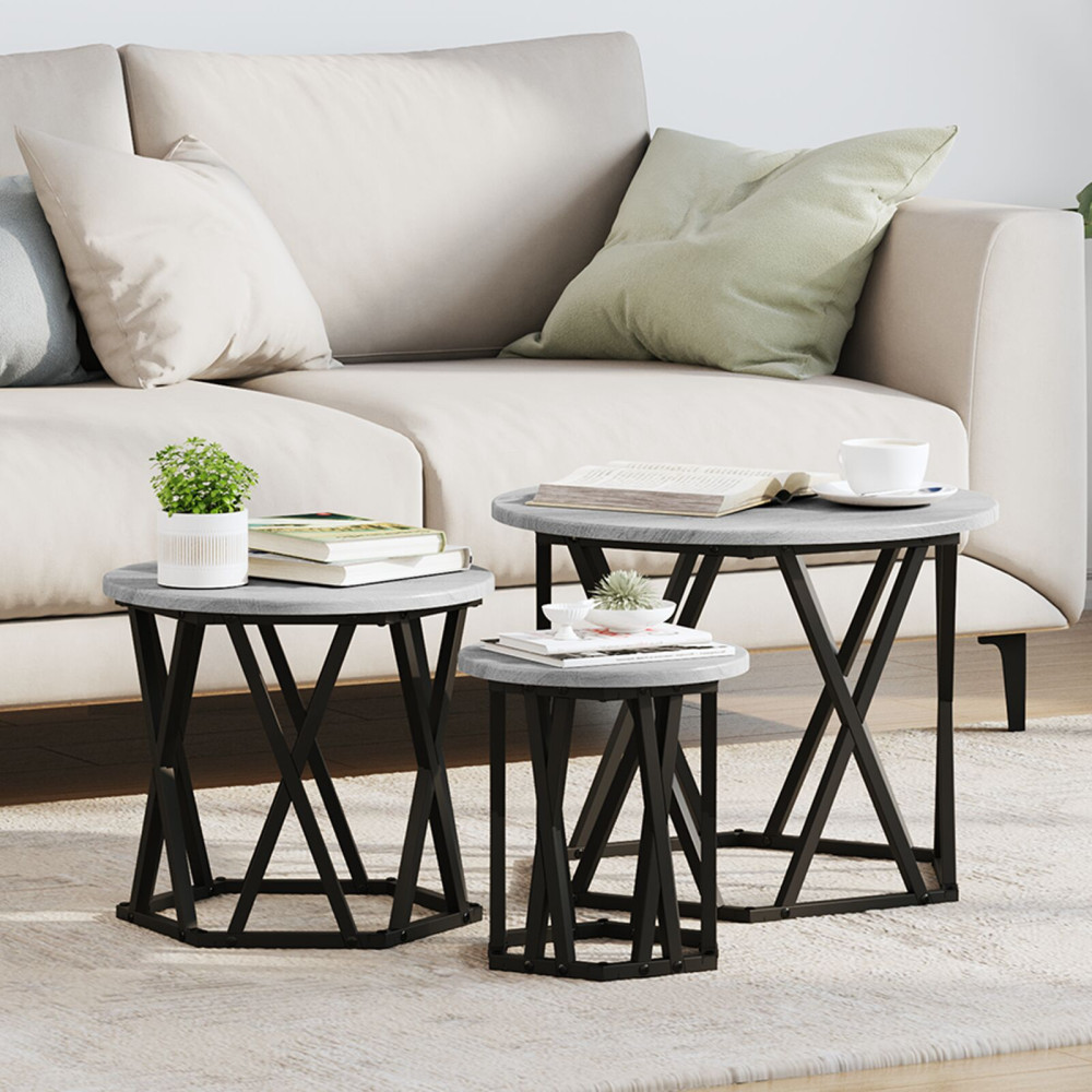 Produktbild för Nestande Sidobord 3 pcs Grå Sonoma Konstruerat trä och stål