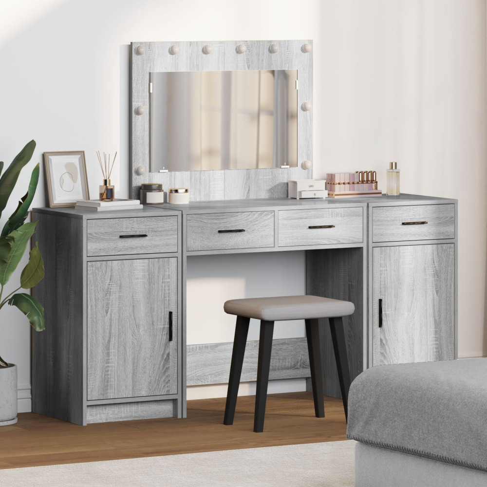 Produktbild för Smyckebord med spegelbelysning 3 pcs Grå Konstruerat trä