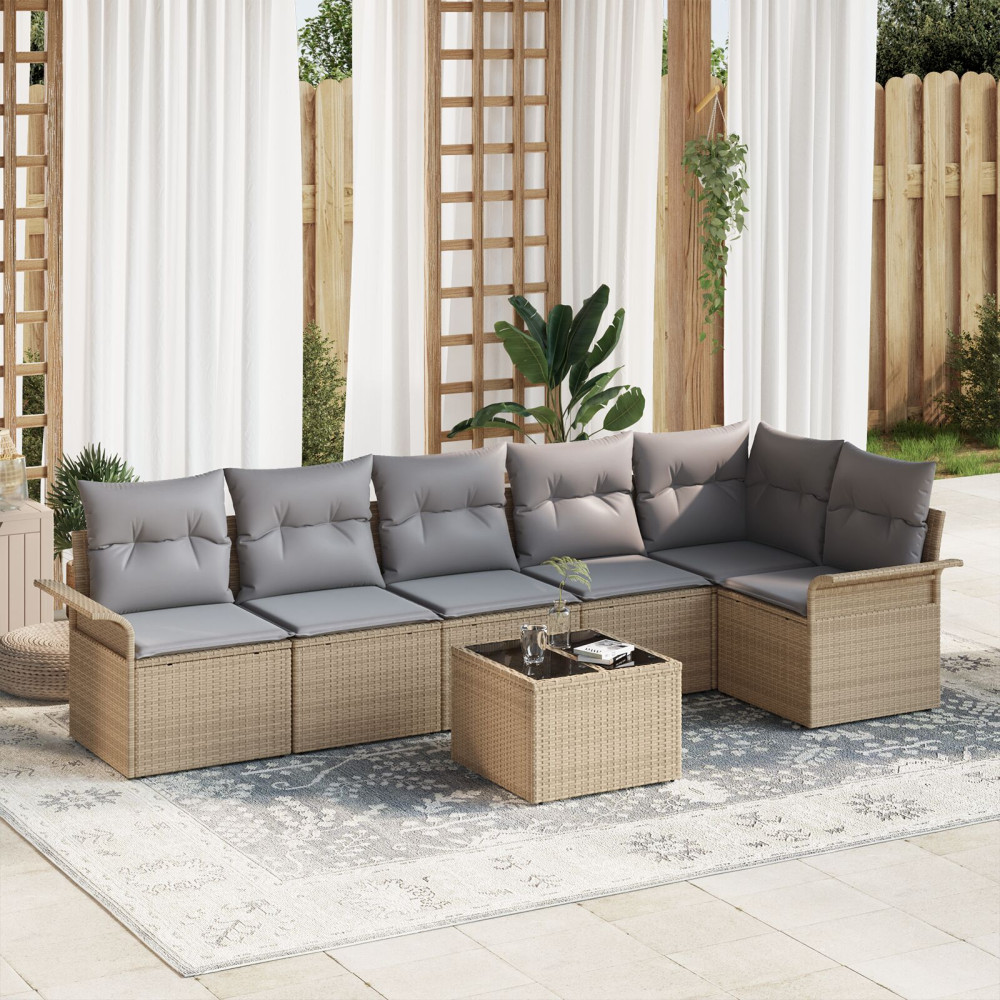 Produktbild för Trädgårdsoffset med kudde 7 pcs Beige konstrotting