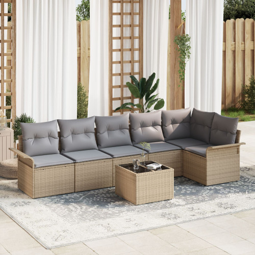 vidaXL Trädgårdsoffset med kudde 7 pcs Beige konstrotting