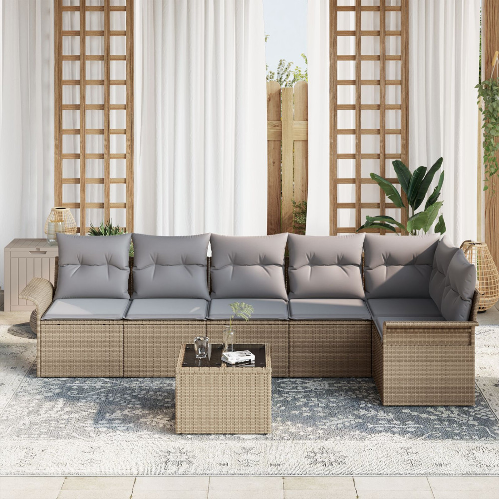 Produktbild för Trädgårdsoffset med kudde 7 pcs Beige konstrotting