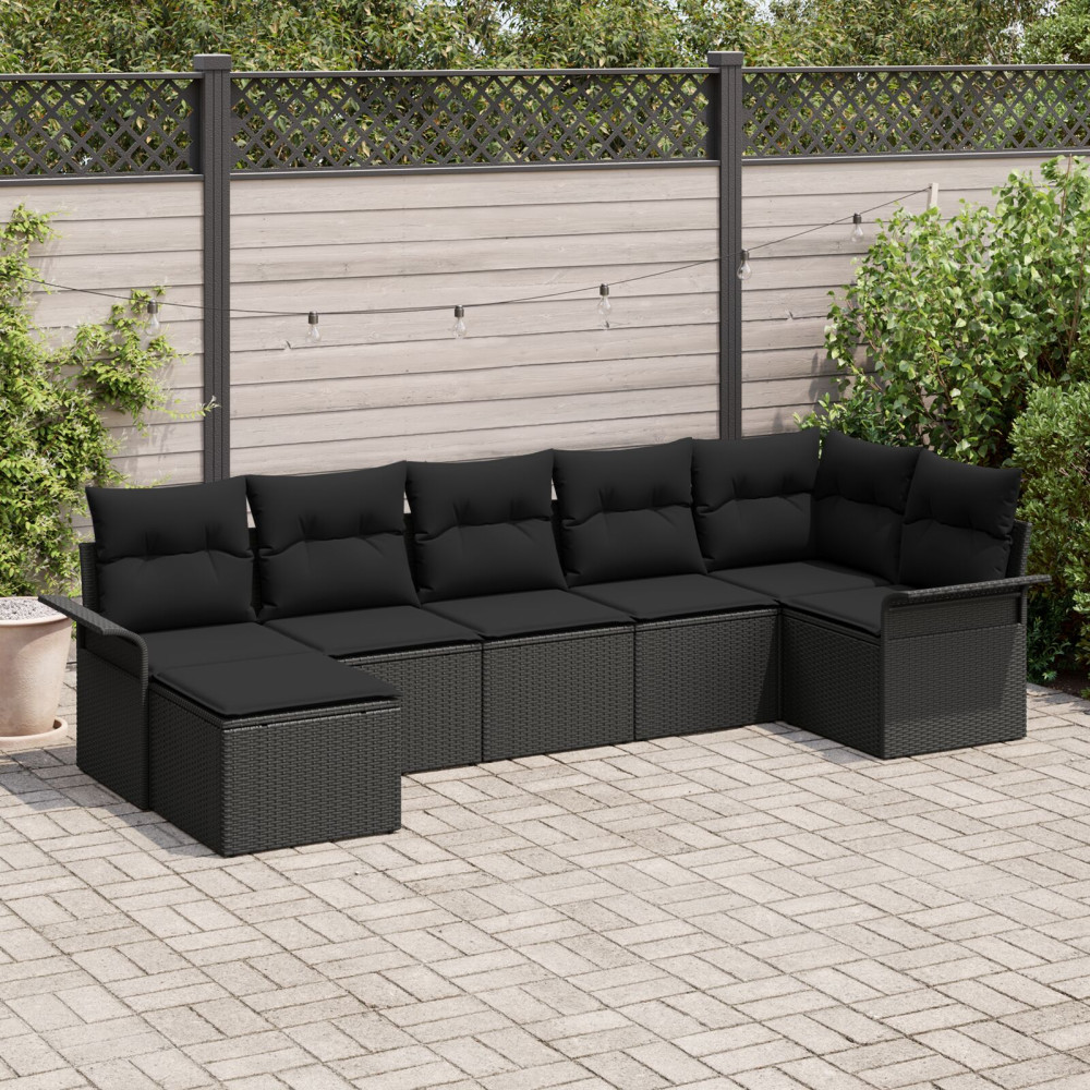Produktbild för Trädgårdsoffset med kudde 7 pcs Svart Poly rattan