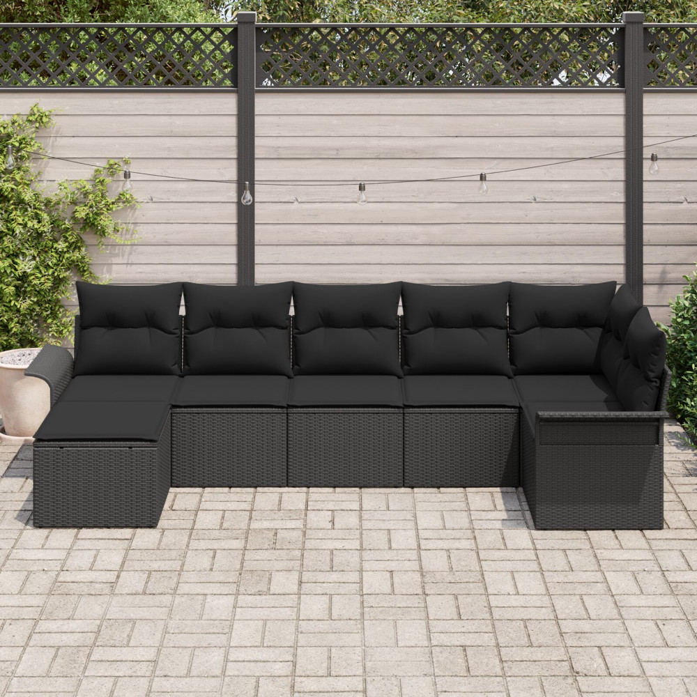 Produktbild för Trädgårdsoffset med kudde 7 pcs Svart Poly rattan