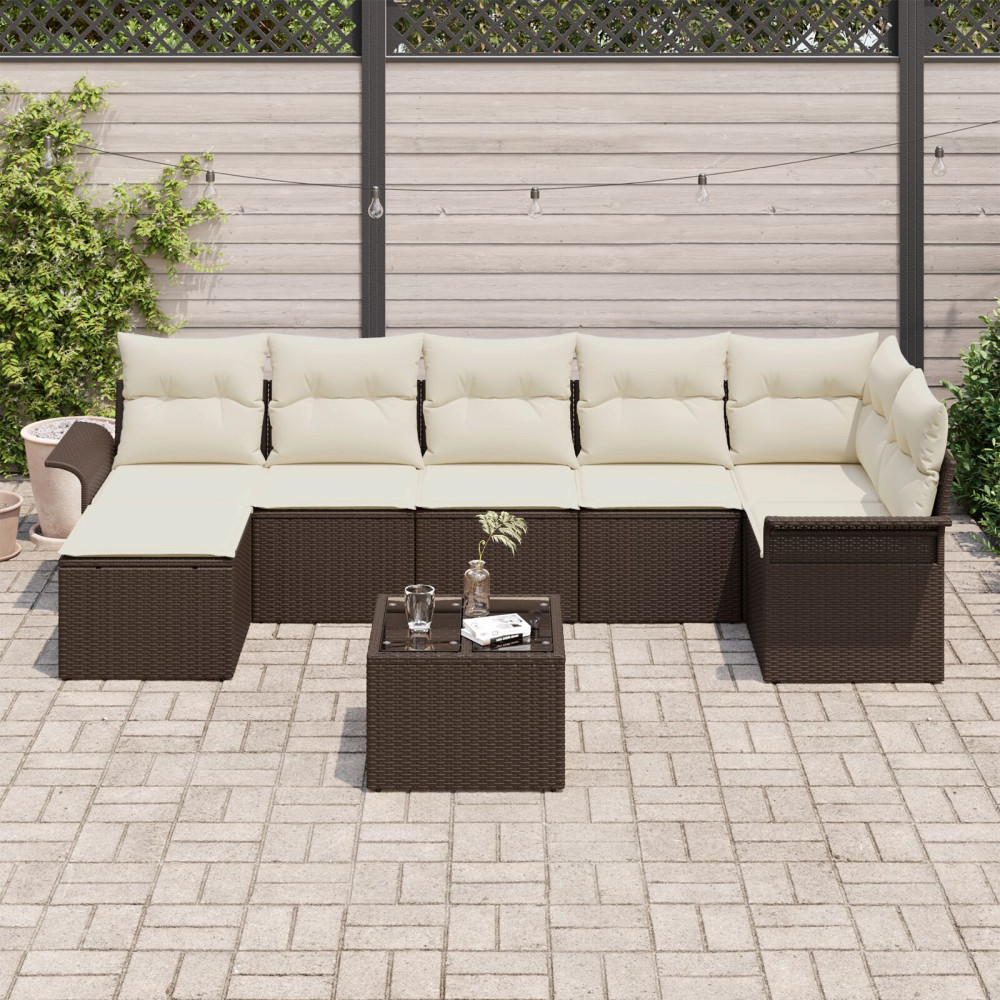 Produktbild för Trädgårdsoffset med kudde 8 pcs Brun Poly rattan