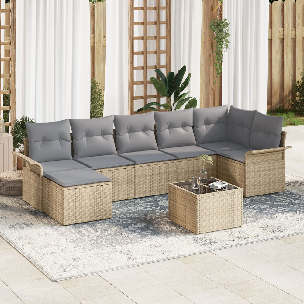 Produktbild för Trädgårdsoffset med kudde 8 pcs Beige Poly rattan