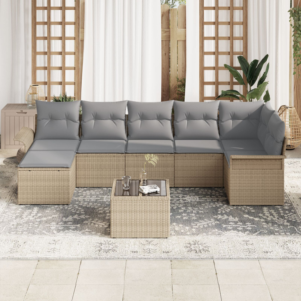 Produktbild för Trädgårdsoffset med kudde 8 pcs Beige Poly rattan