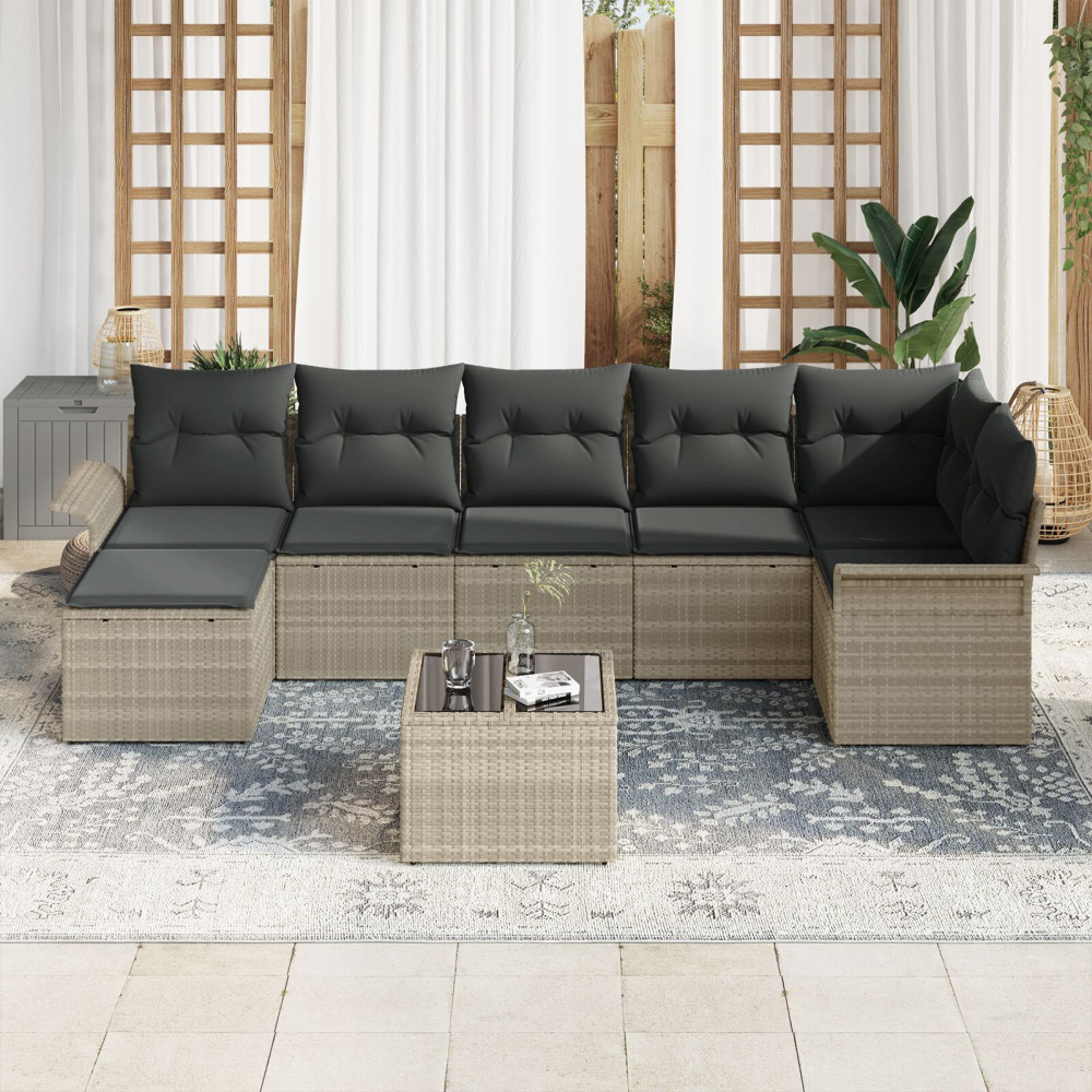 Produktbild för Trädgårdsoffset med kudde 8 pcs Ljusgrå Poly rattan