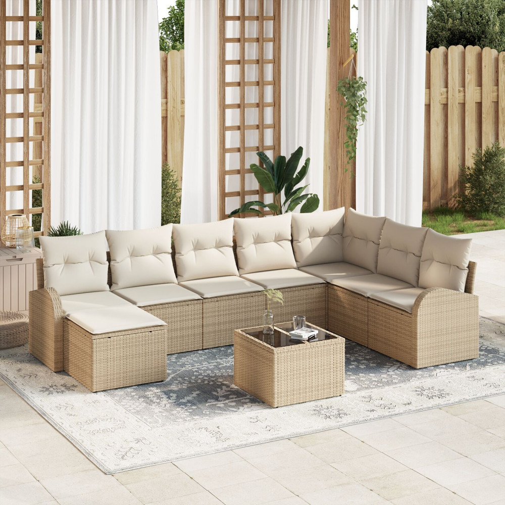 Produktbild för Trädgårdsoffset med kudde 9 pcs Beige Poly rattan