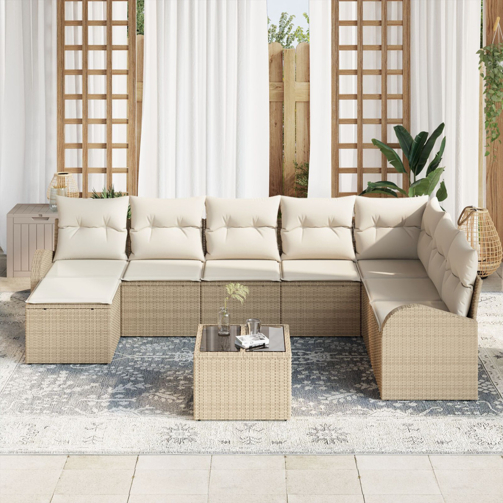 Produktbild för Trädgårdsoffset med kudde 9 pcs Beige Poly rattan