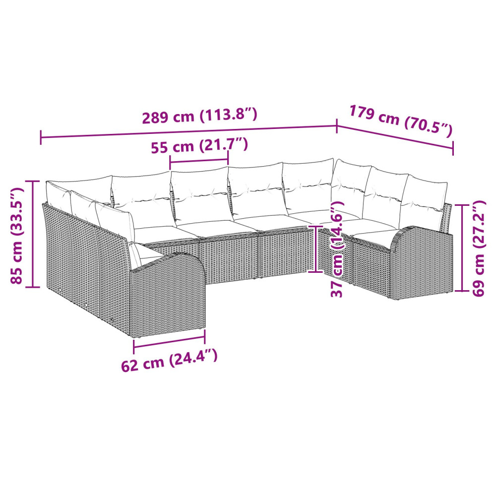 Produktbild för Soffset med kudde 9 pcs Svart Poly Rattan