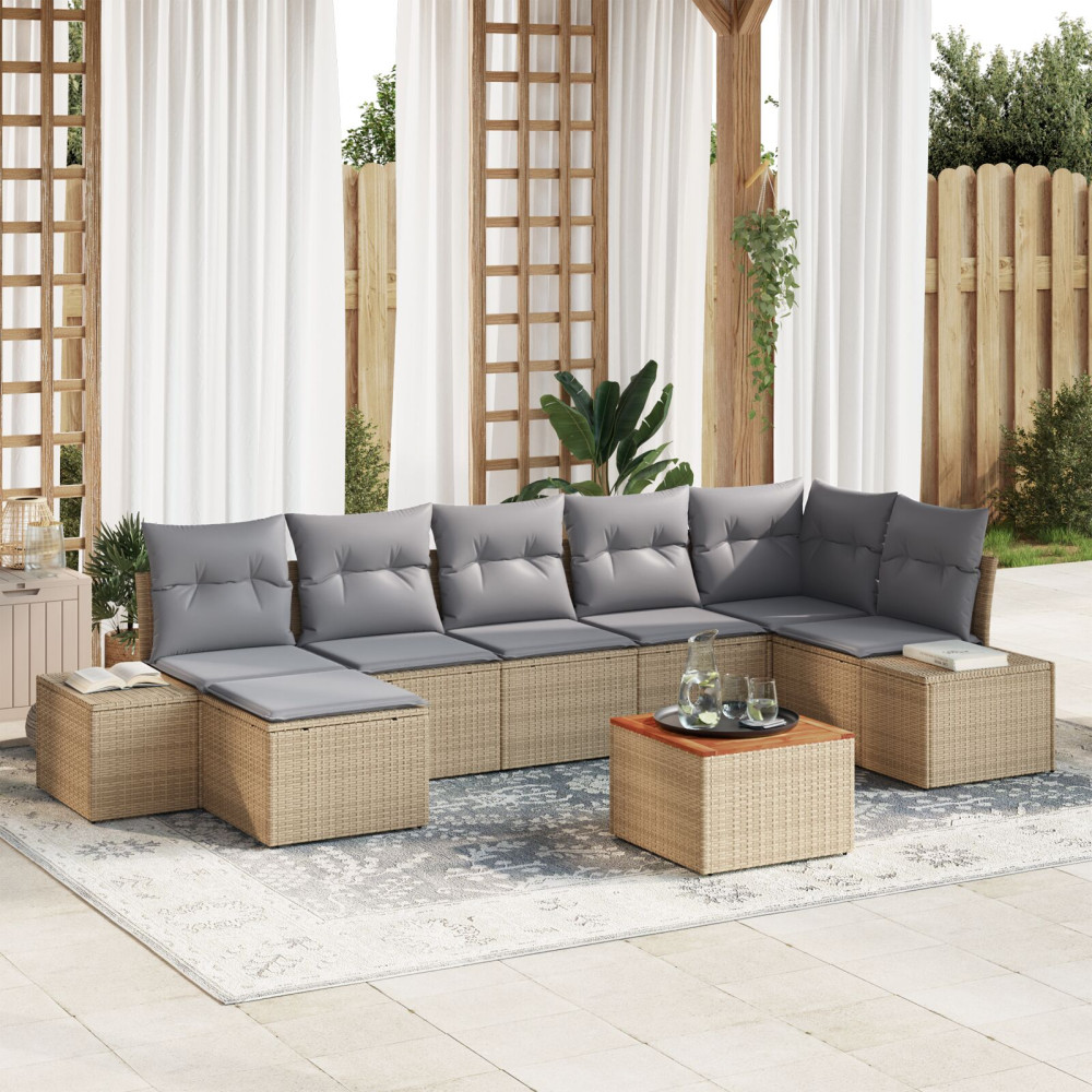 Produktbild för Trädgårdsoffset med kudde 8 pcs Beige konstrotting
